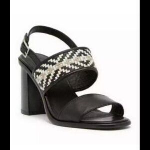 Frye Amy Black Block Heel Sandal with Woven Neutral Accent
